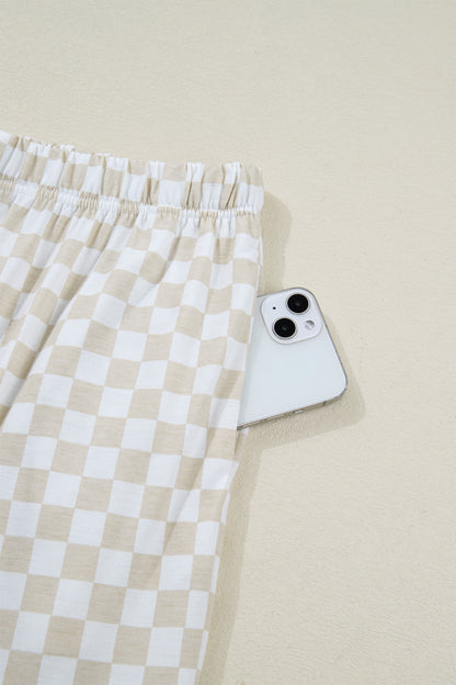 Khaki Checkered Short Sleeve Tee and Wide Leg Pant Set