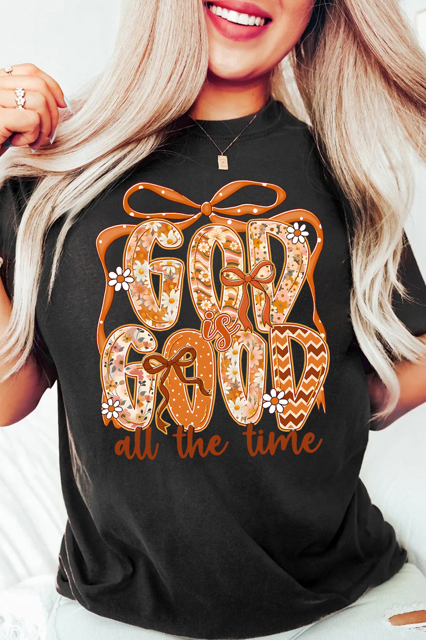 Black God Is Good Floral Faith Graphic Thanksgiving Tee