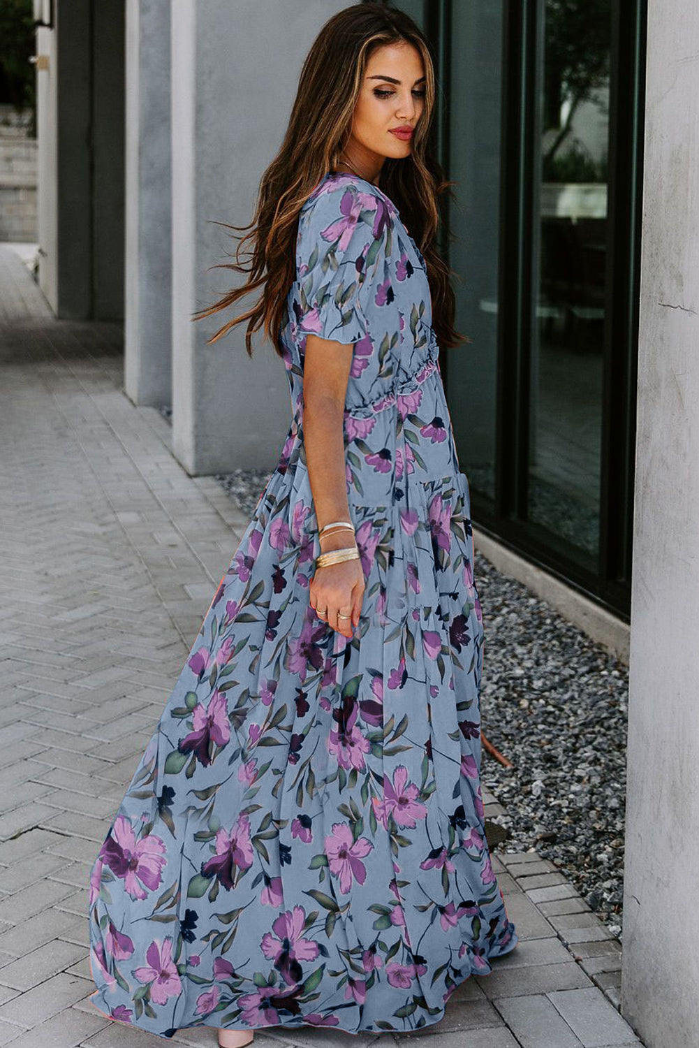 Sky Blue Floral V Neck Ruffle Short Sleeve Maxi Dress
