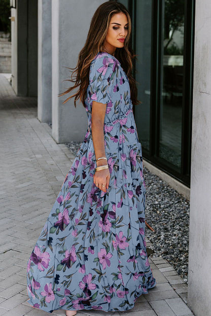 Sky Blue Floral V Neck Ruffle Short Sleeve Maxi Dress