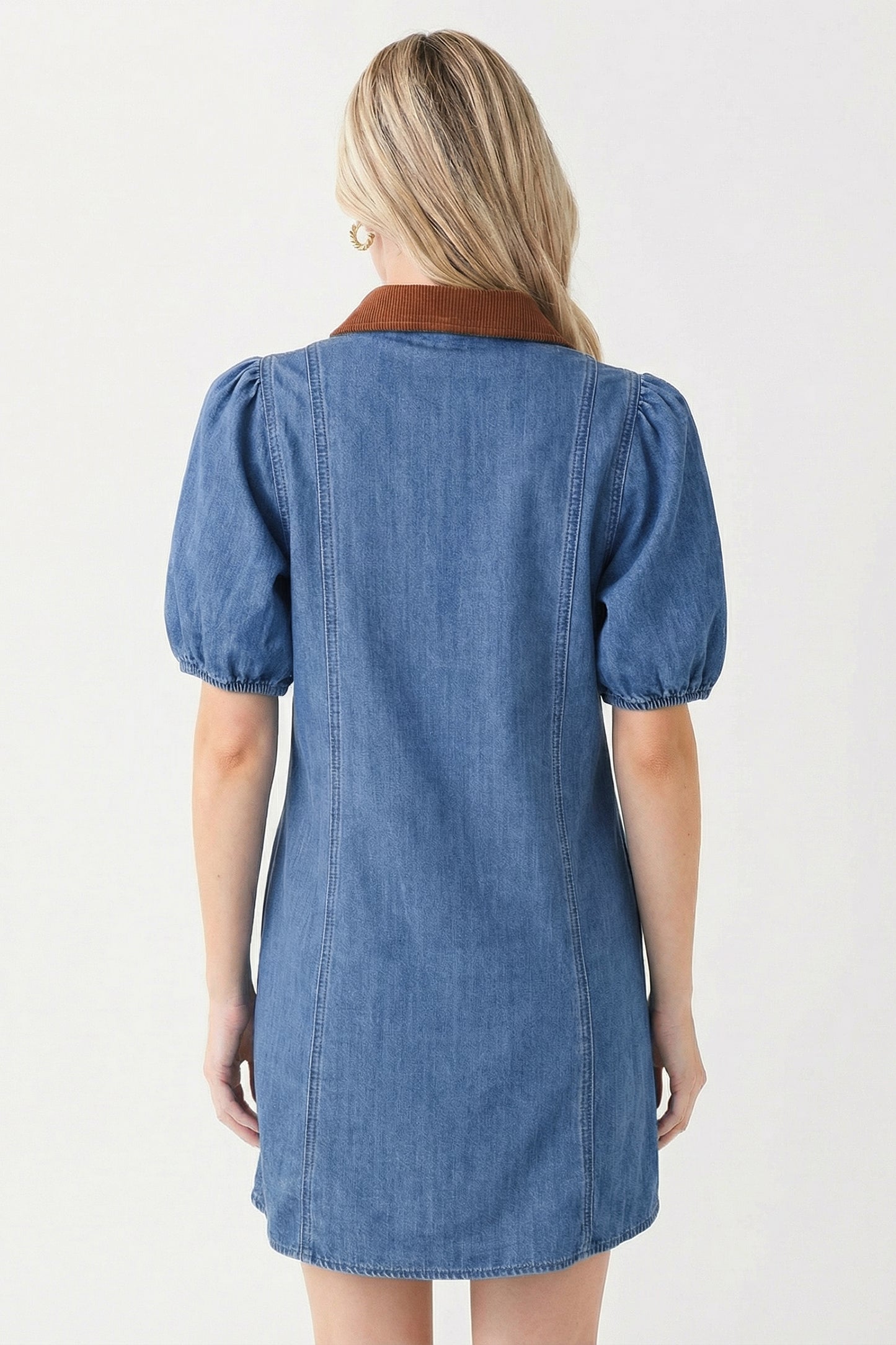 Denim Shirt Dress Women Puff Sleeve Button Front Mini