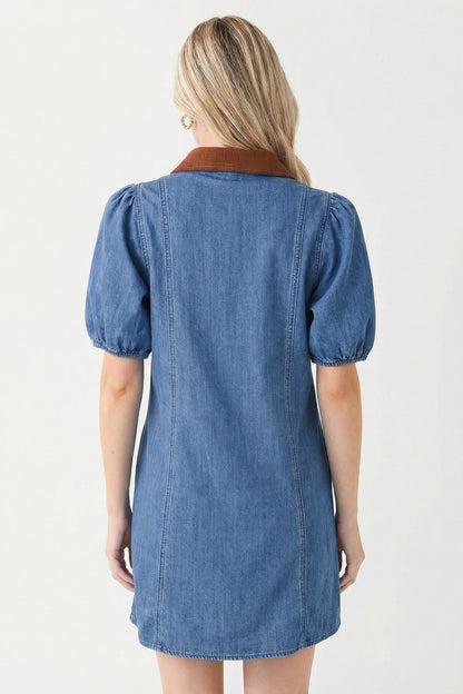 Denim Shirt Dress Women Puff Sleeve Button Front Mini