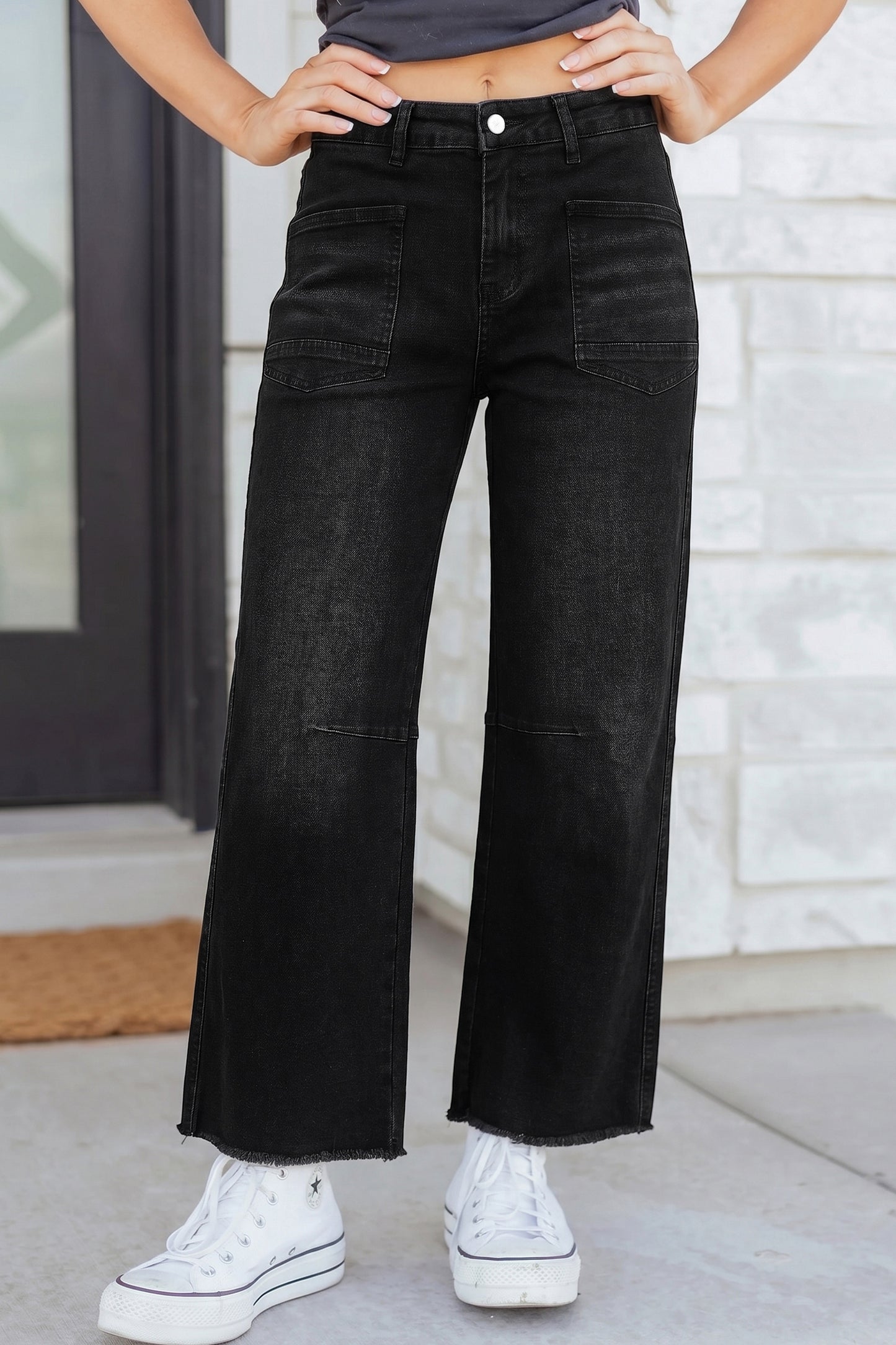 High Waisted Cropped Straight Leg Jeans Raw Hem Denim
