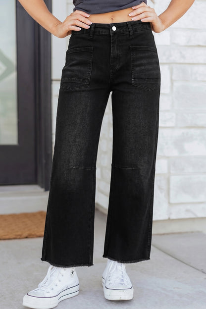 High Waisted Cropped Straight Leg Jeans Raw Hem Denim