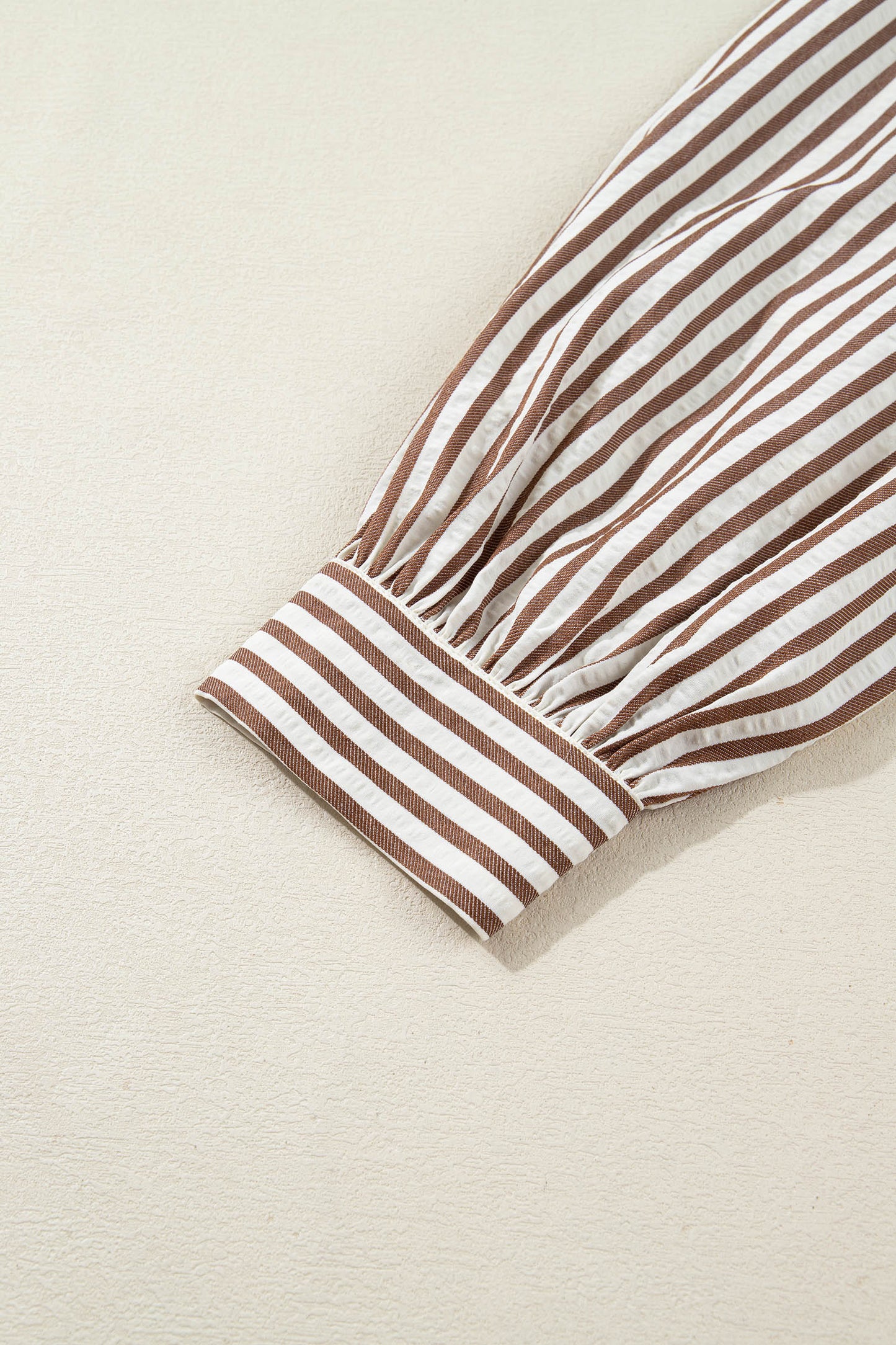 Brown Stripe Knot Waist Puff Sleeve Button Down Shirt Dress