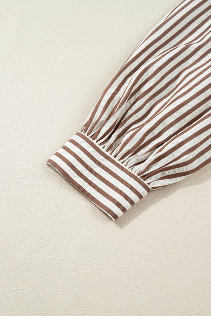 Brown Stripe Knot Waist Puff Sleeve Button Down Shirt Dress