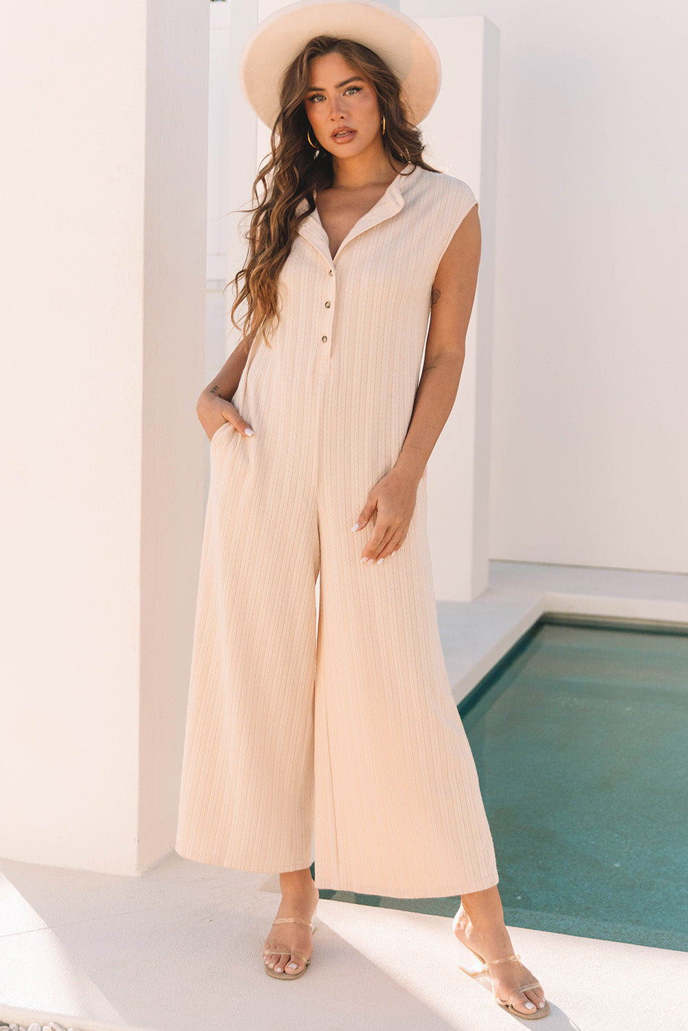 Textured Wide Leg Jumpsuit Sleeveless Button Front