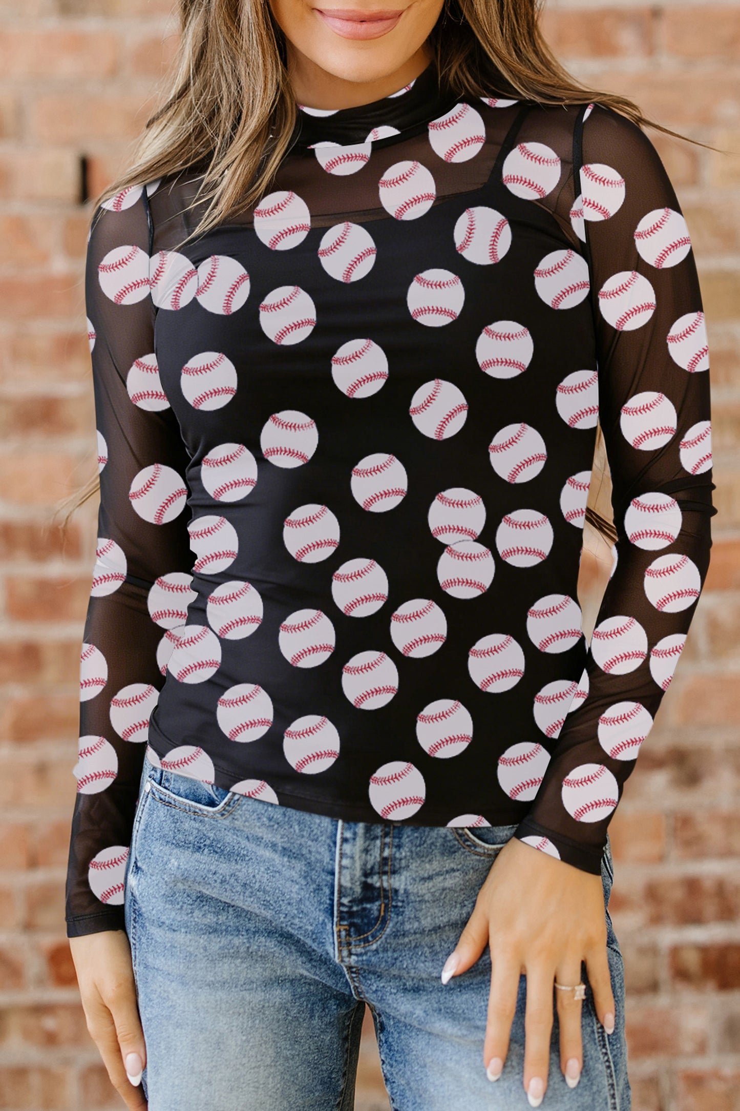 Football Print Mesh Mock Neck Game Day Long Sleeve Top