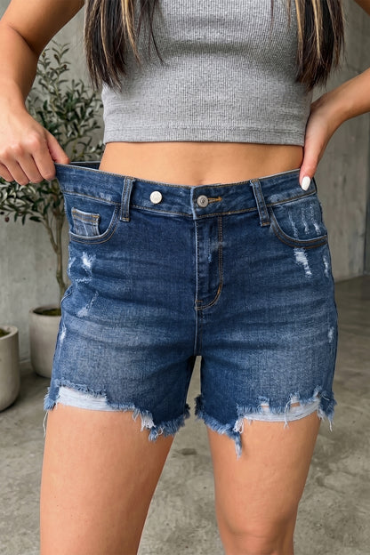 Sail Blue High-Waist Distressed Raw Hem Denim Shorts