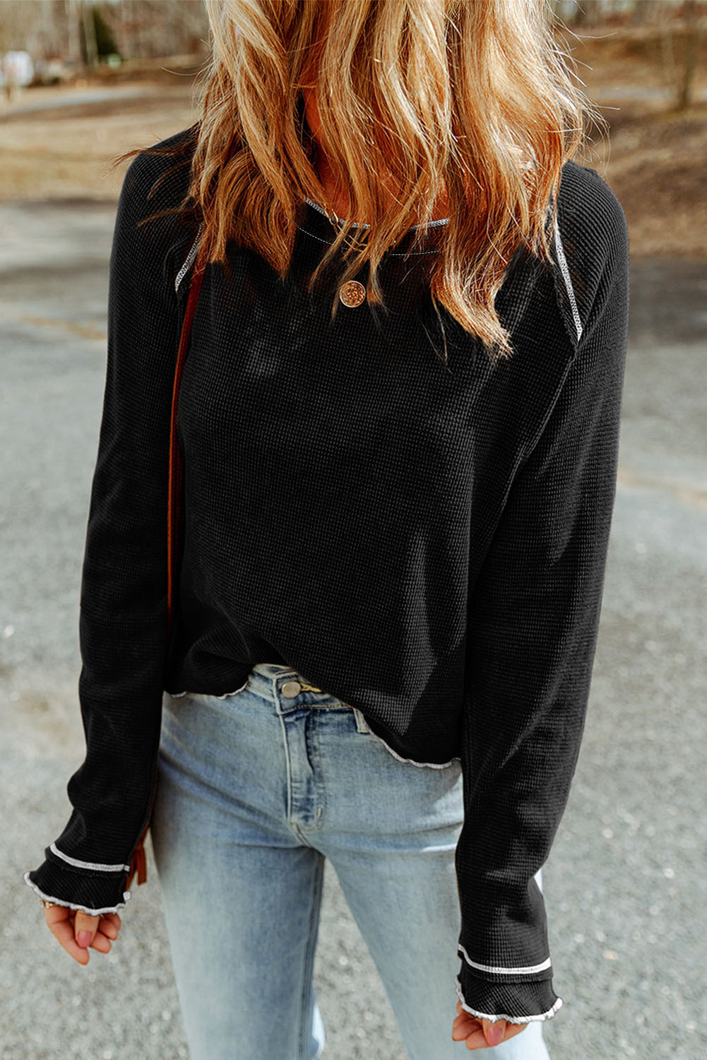 Womens Waffle Knit Long Sleeve Top Casual Crew Neck Tee