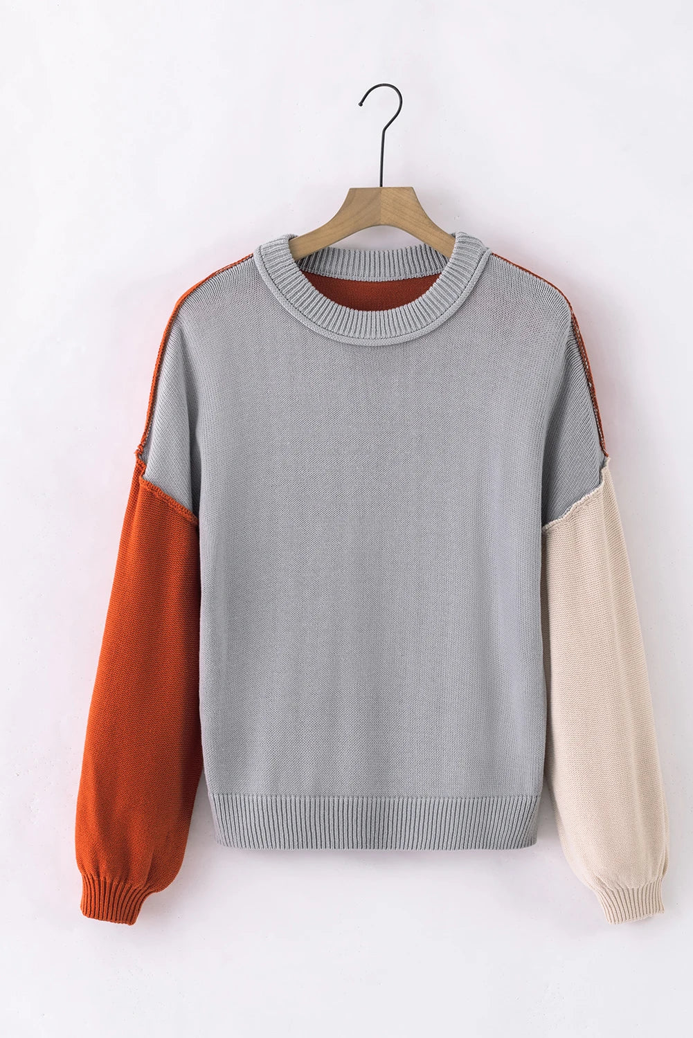 Colorblock Bishop Sleeve Ribbed Knit Sweater