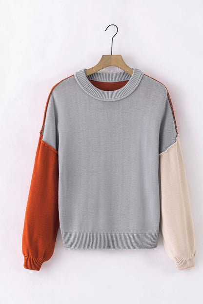 Colorblock Bishop Sleeve Ribbed Knit Sweater