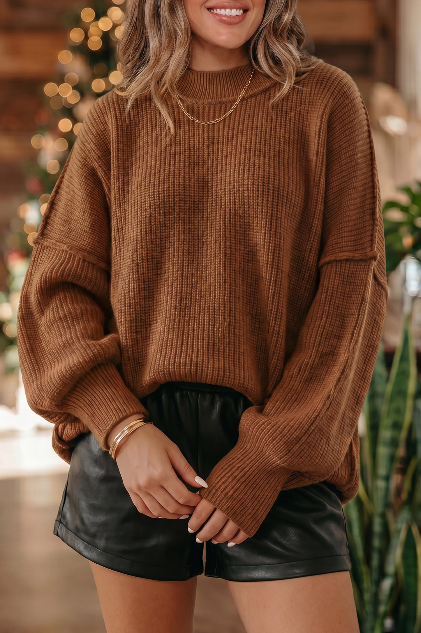 Orchid Purple Mock Neck Ribbed Knit Oversized Sweater Top