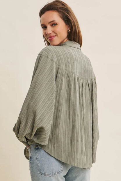 White Crinkle Button Down Top with Lantern Sleeves Loose Fit