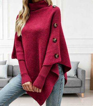 Women Turtleneck Poncho Sweater Button Cape Knit Top
