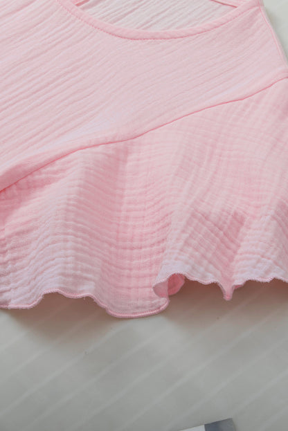 Pink Cotton Gauze Ruffle Sleeve Summer Blouse Top