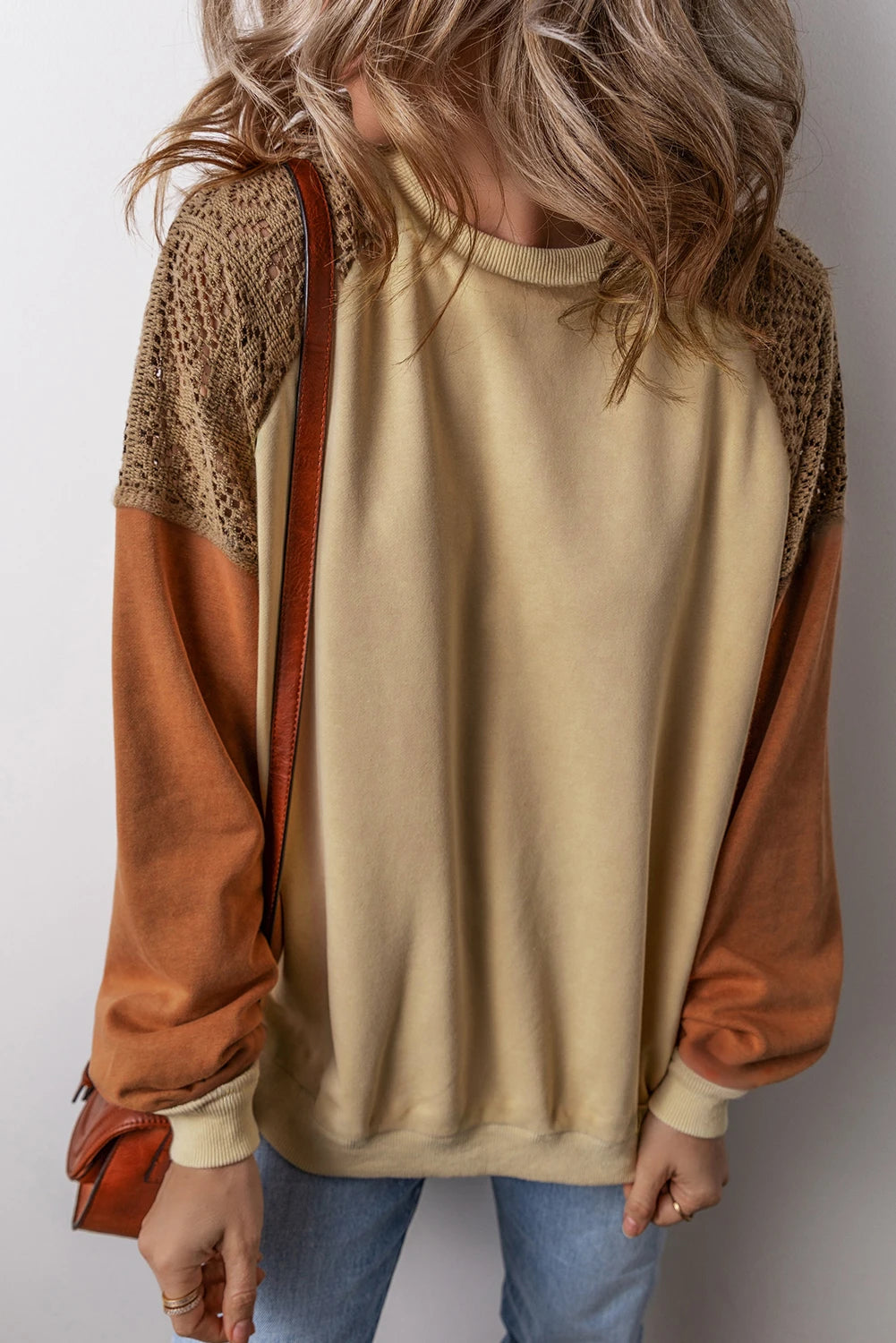 Customizable Khaki Lace Patchwork Colorblock Drop Shoulder Sweatshirt