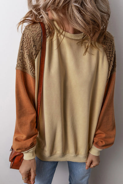Customizable Khaki Lace Patchwork Colorblock Drop Shoulder Sweatshirt