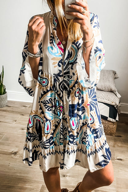 Boho Print Tiered Button Front Bell Sleeve Mini Dress