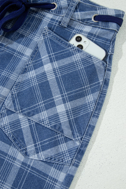 Plaid Denim Drawstring Wide Leg Utility Jeans