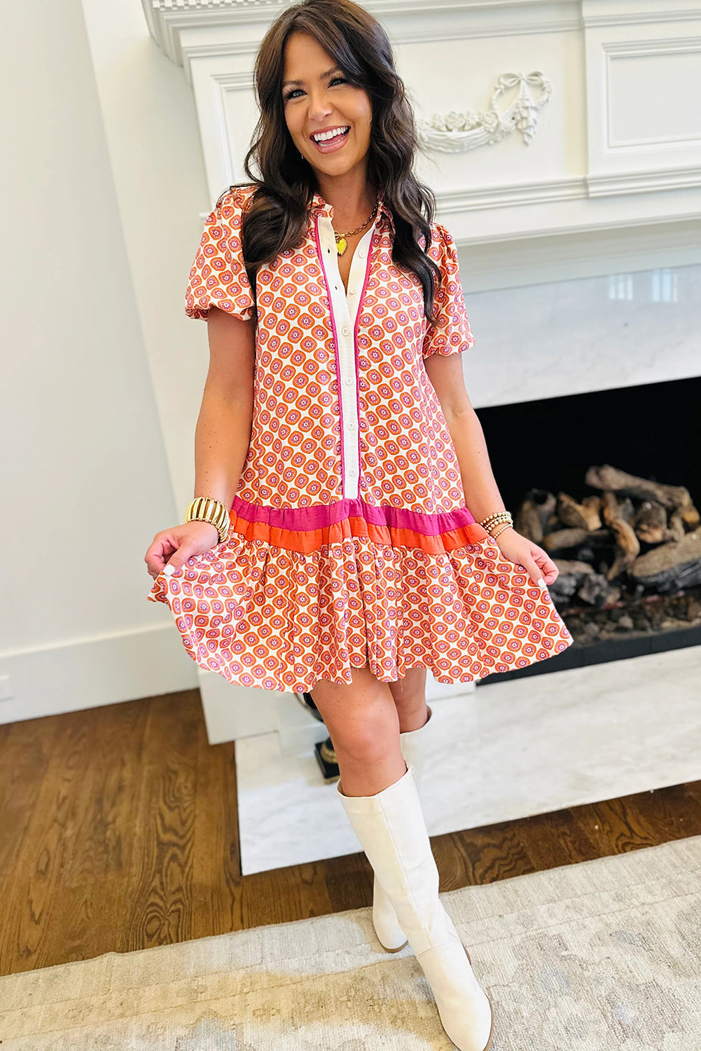 Orange Geometric Print Button Front Ruffle Hem Mini Dress