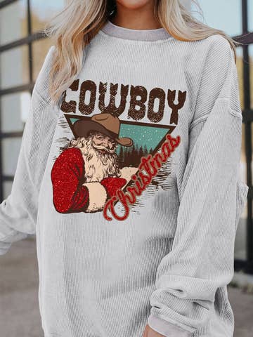 Cowboy Christmas Santa Ribbed Corduroy Oversized Sweatshirt