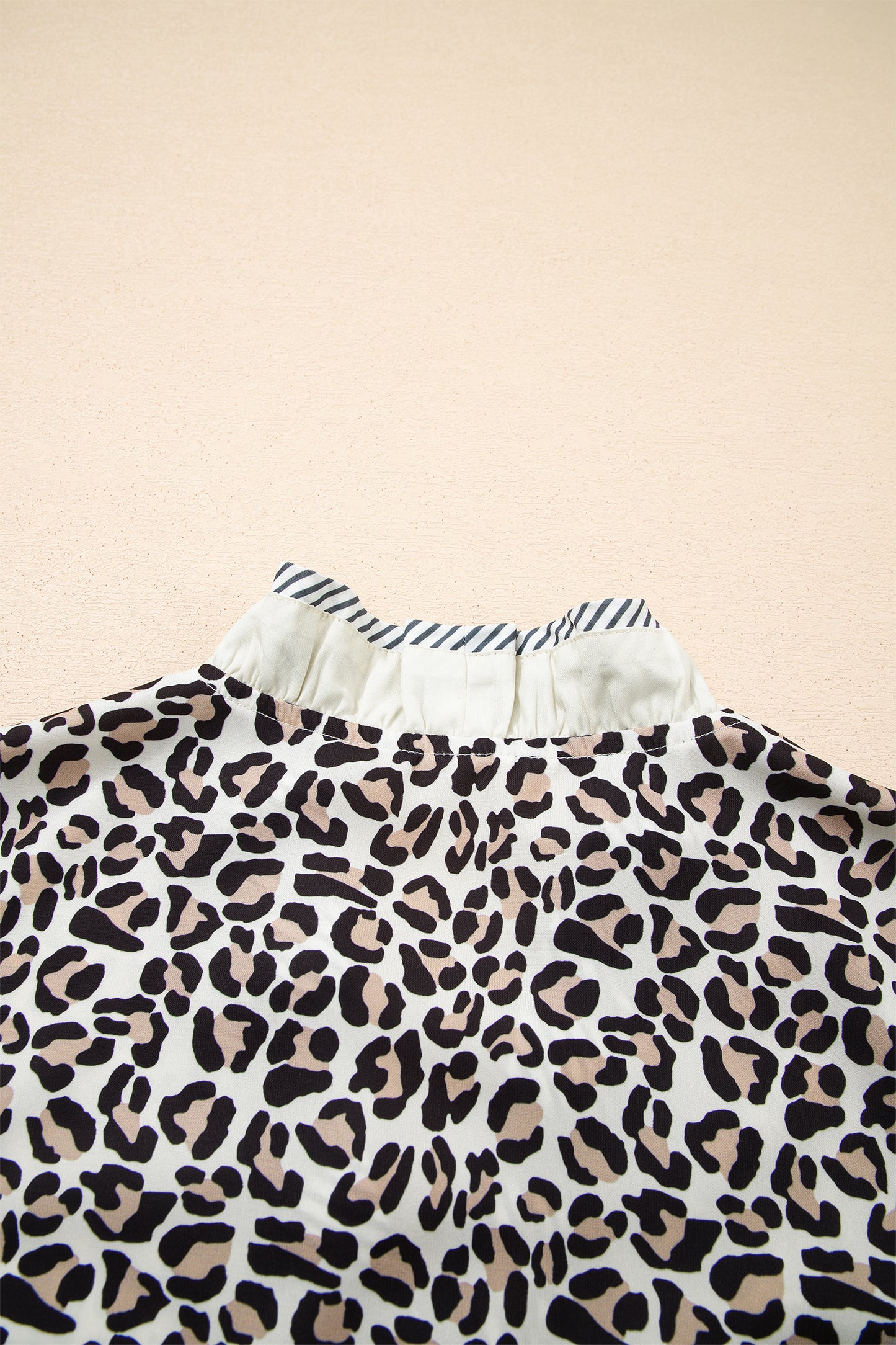 Leopard Print V Neck Blouse with Striped Ruffle Trim