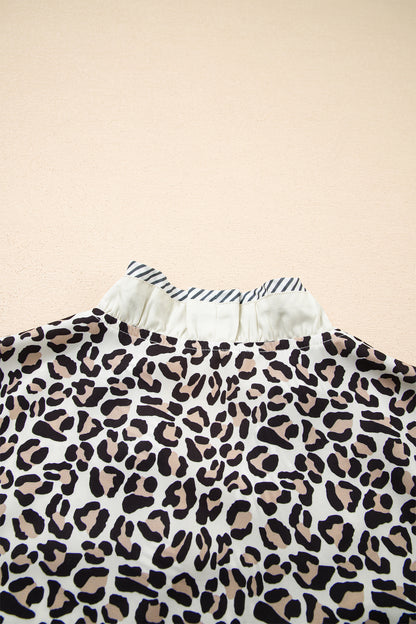 Leopard Print V Neck Blouse with Striped Ruffle Trim