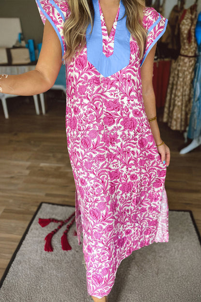 Floral Color Block V Neck Flutter Sleeve Midi Dress