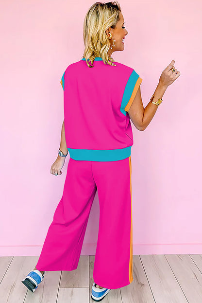 Color Block Lounge Set Wide Leg Pants 2 Piece