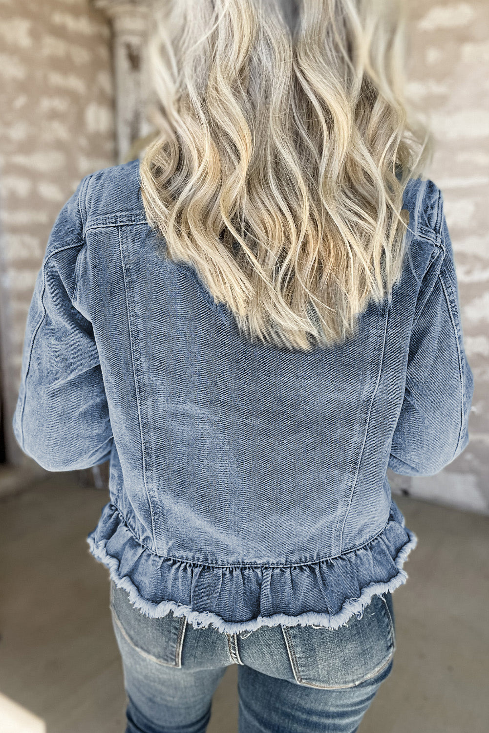 Beau Blue Ruffle Raw Hem Flap Pocket Denim Jacket