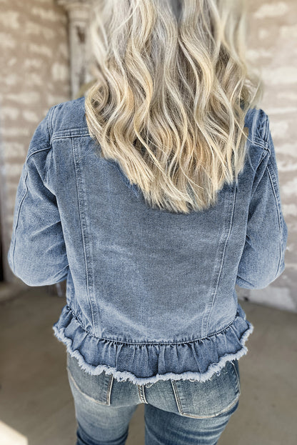 Beau Blue Ruffle Raw Hem Flap Pocket Denim Jacket