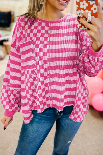 Checkerboard Striped Patchwork Lantern Sleeve Pocketed Blouse