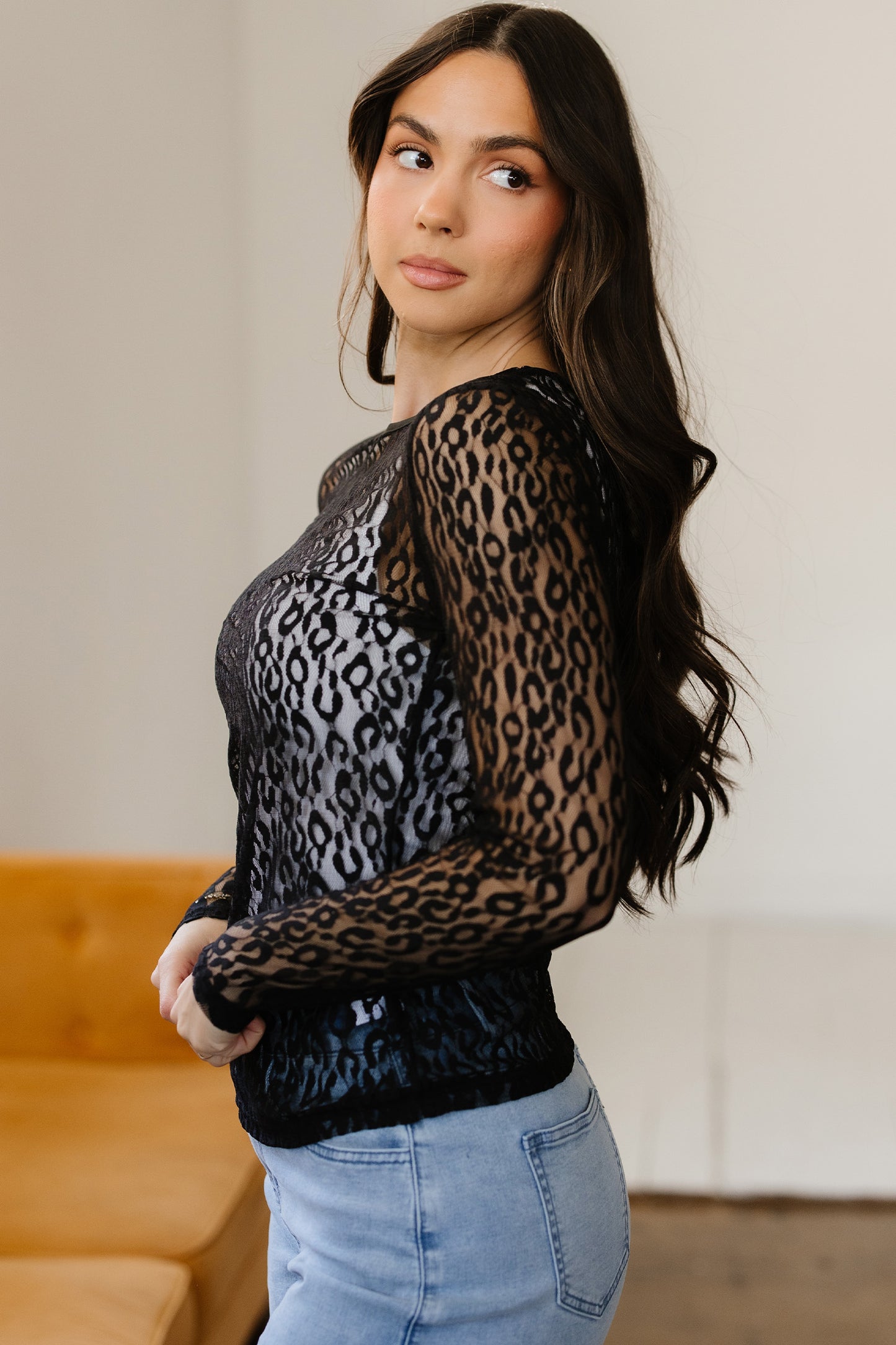 Leopard Mesh Long Sleeve Top Sheer Sexy Shirt Women