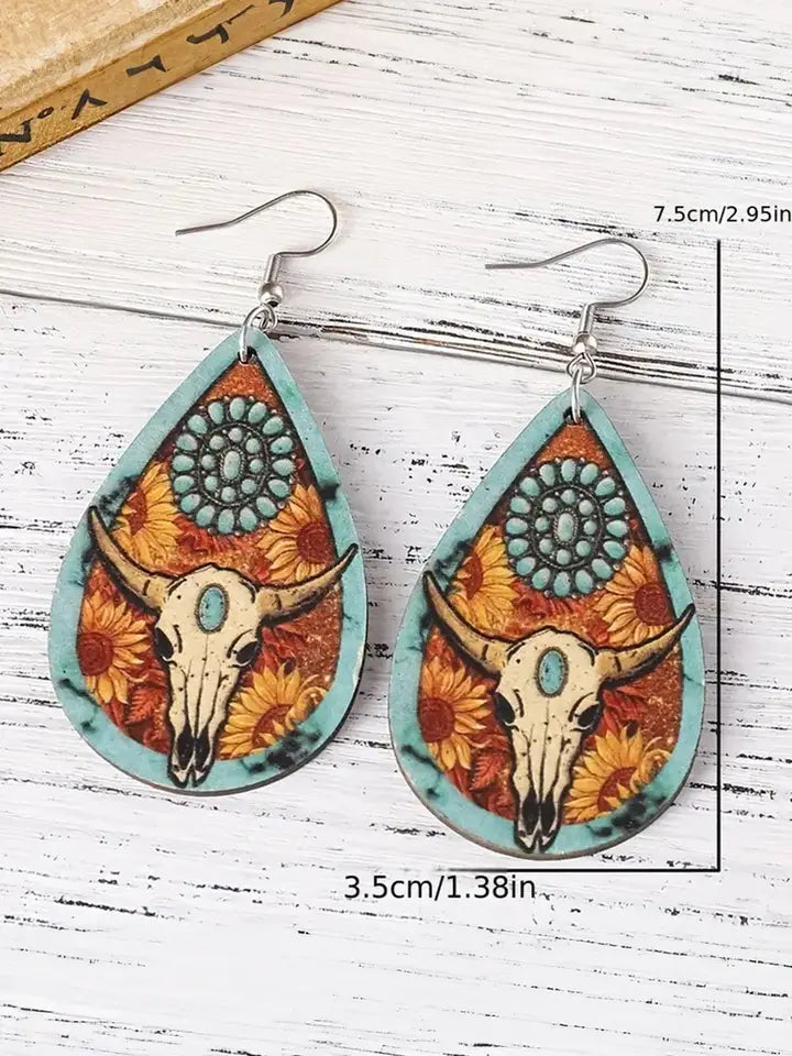 Chestnut Western Steer Head Wooden Drop Earrings