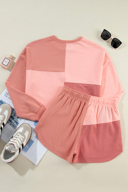 Peach Blossom Colorblock Patchwork Long Sleeve Shorts Outfit