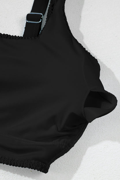 Black Corded Solid Square Neck Bikini Swimsuit