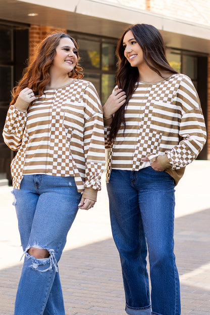 Khaki Checkerboard Striped Patchwork Lantern Sleeve Pocketed Blouse