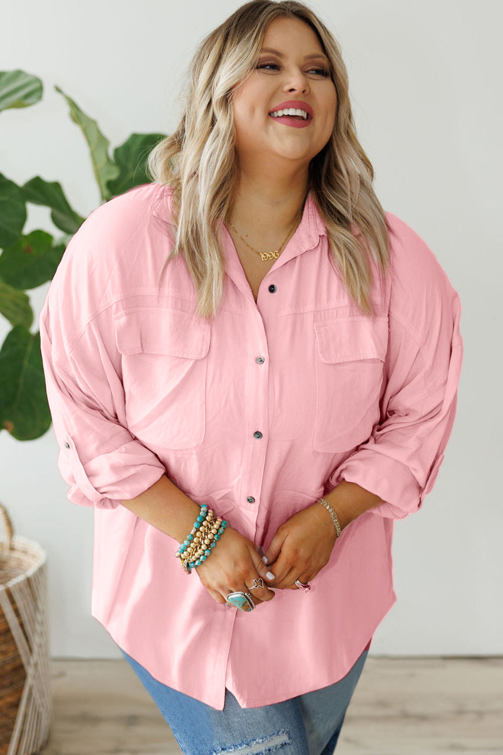 Pink Flap Pocket Tab Sleeve Button-Down Plus Size Shirt