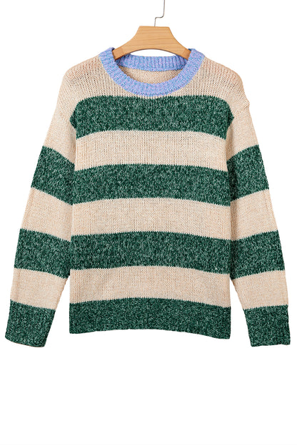 Green Stripe Drop Shoulder Knit Pullover Sweater