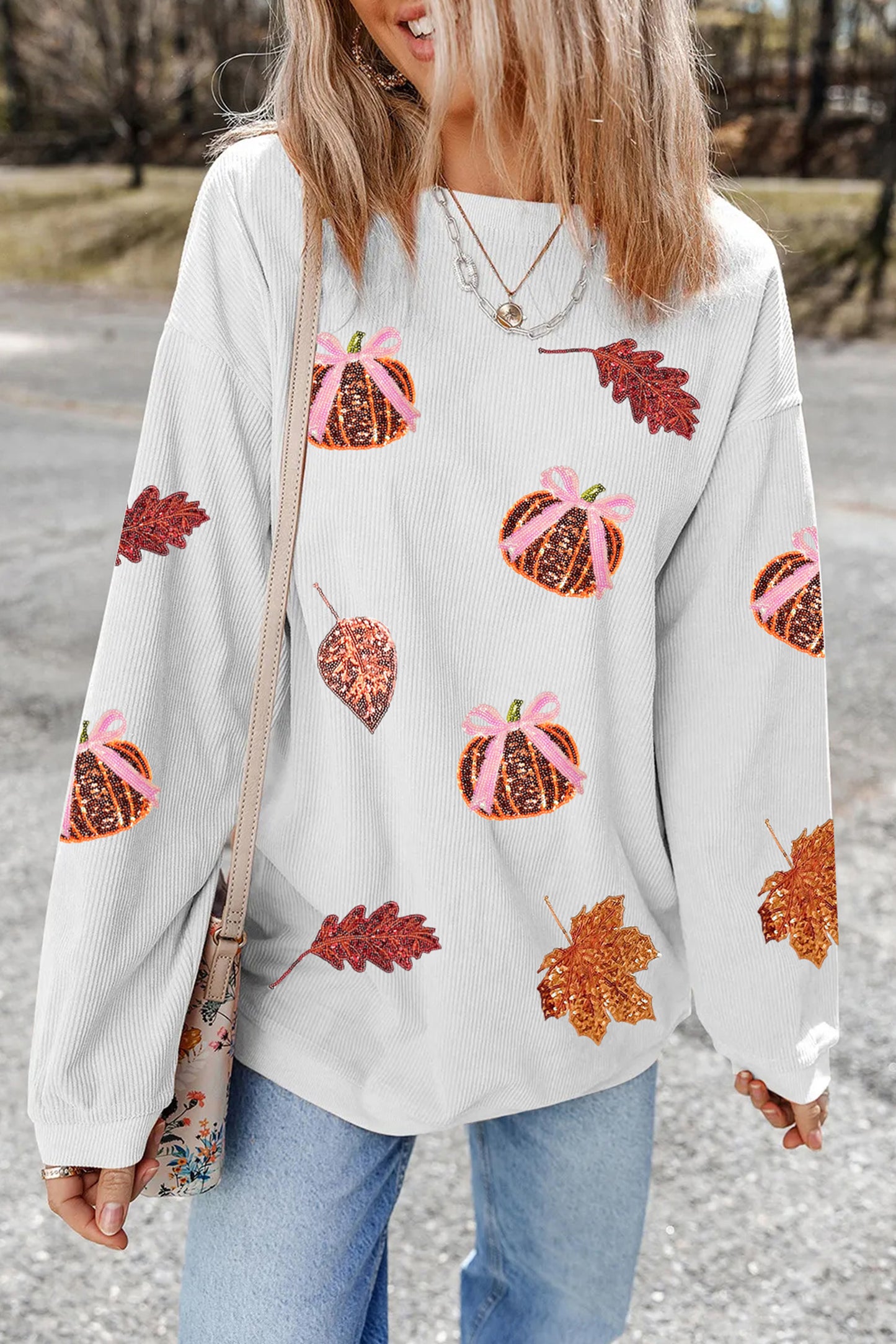 Sequin Pumpkin Leaf Corded Ribbed Oversized Sweatshirt