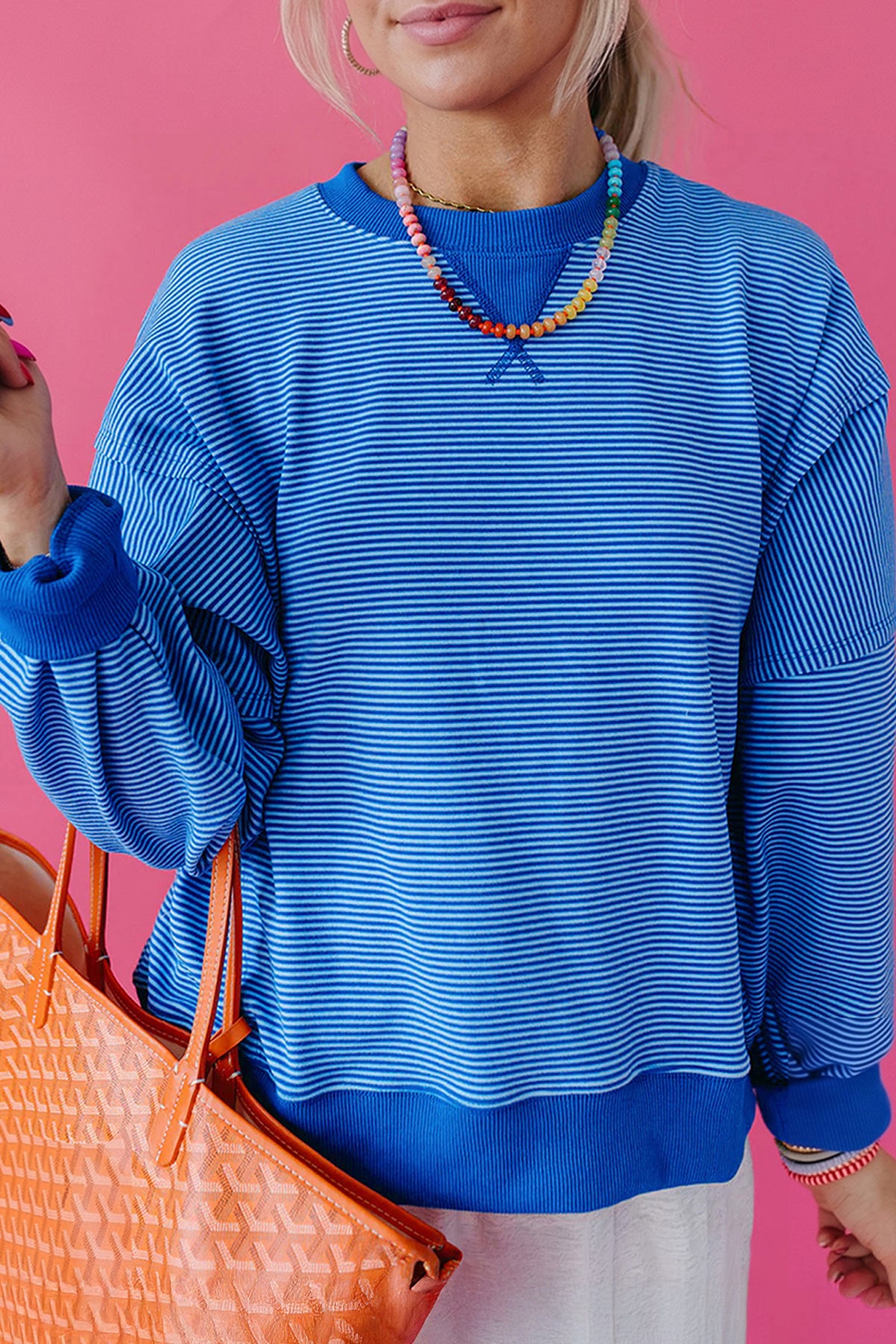 Women's Blue Striped Oversized Crewneck Sweatshirt