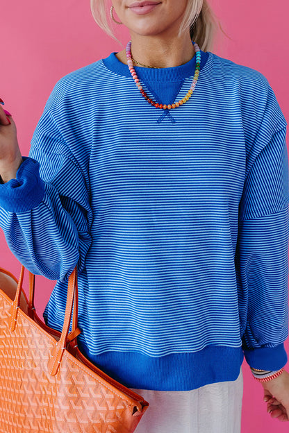 Women's Blue Striped Oversized Crewneck Sweatshirt