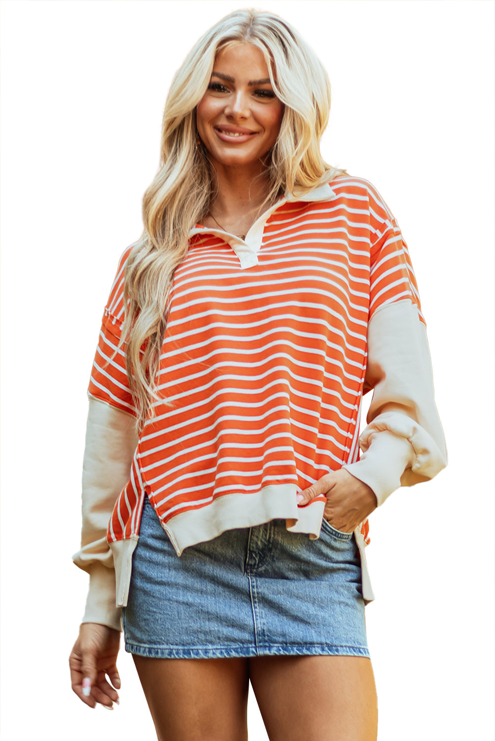 Orange Stripe Color Block Loose Fit Collared Drop Shoulder Sweatshirt