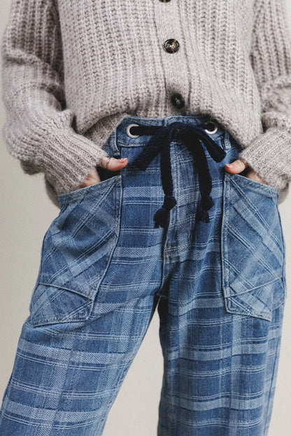 Plaid Denim Drawstring Wide Leg Utility Jeans