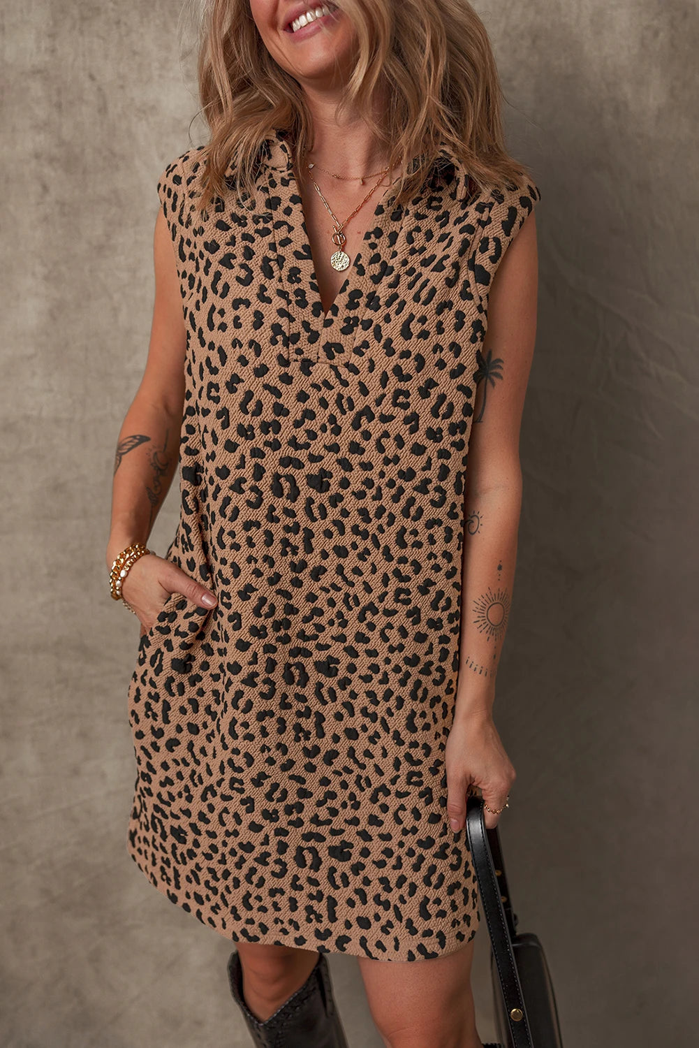 Khaki Leopard Print V Neck Sleeveless Collared Mini Dress