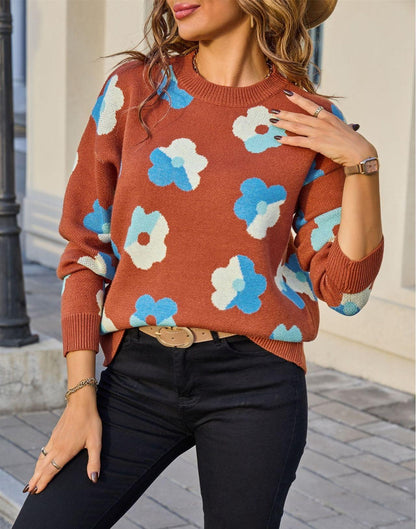Retro Floral Print Sweater – Colorblock Knit Pullover