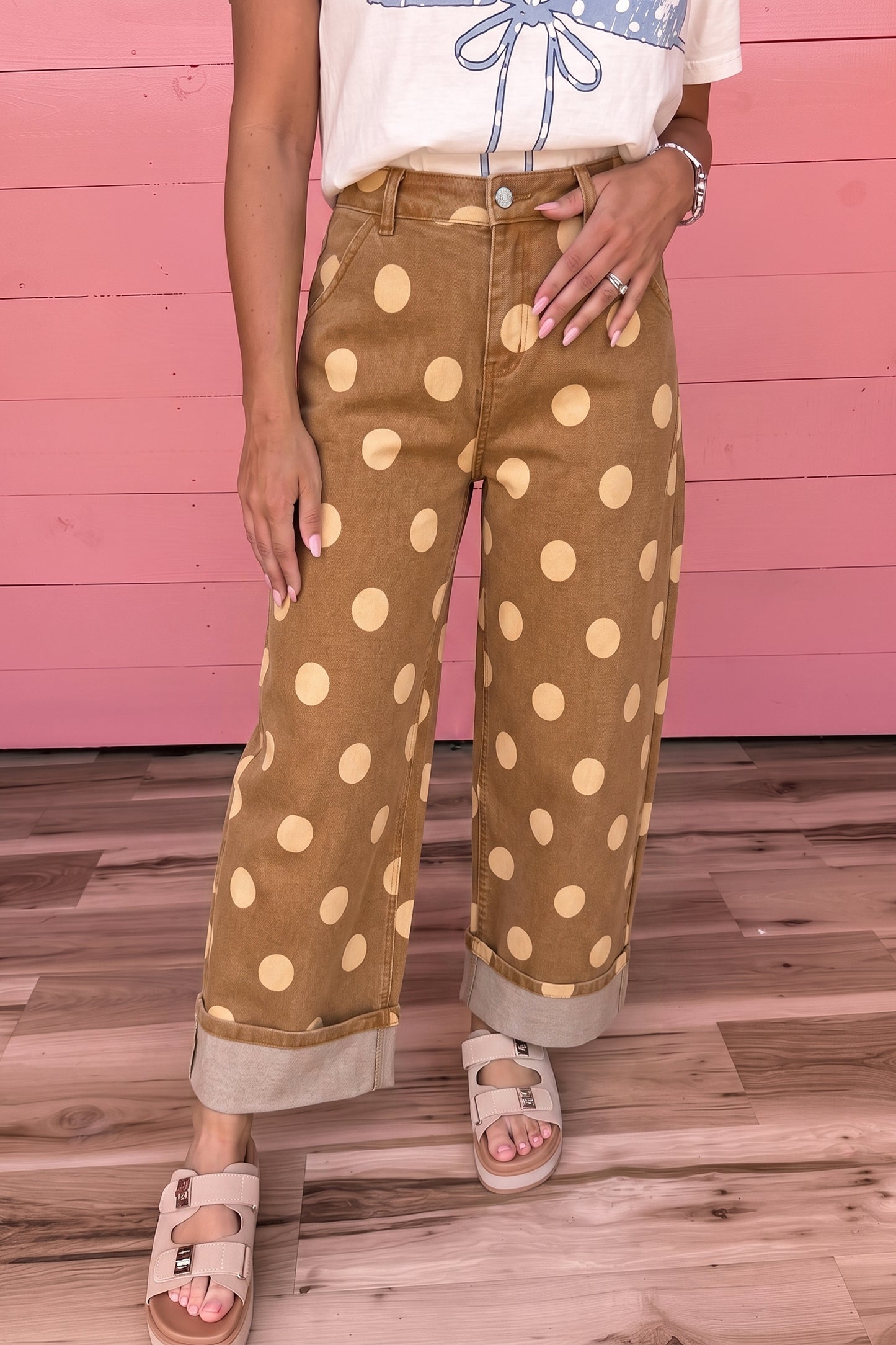Women's Polka Dot Cuffed Wide Leg Jeans