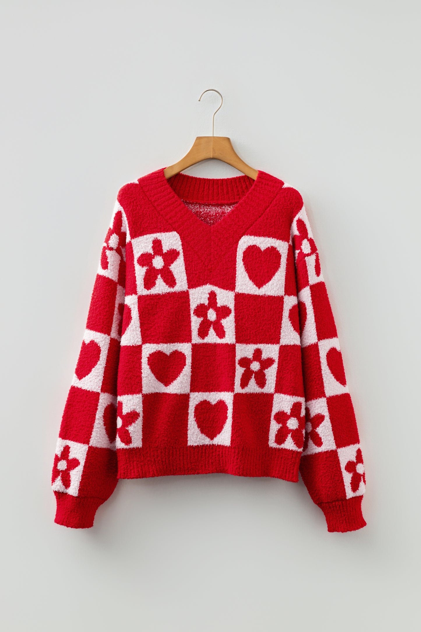 Red Checkered Heart Flower V Neck Knit Sweater for Women
