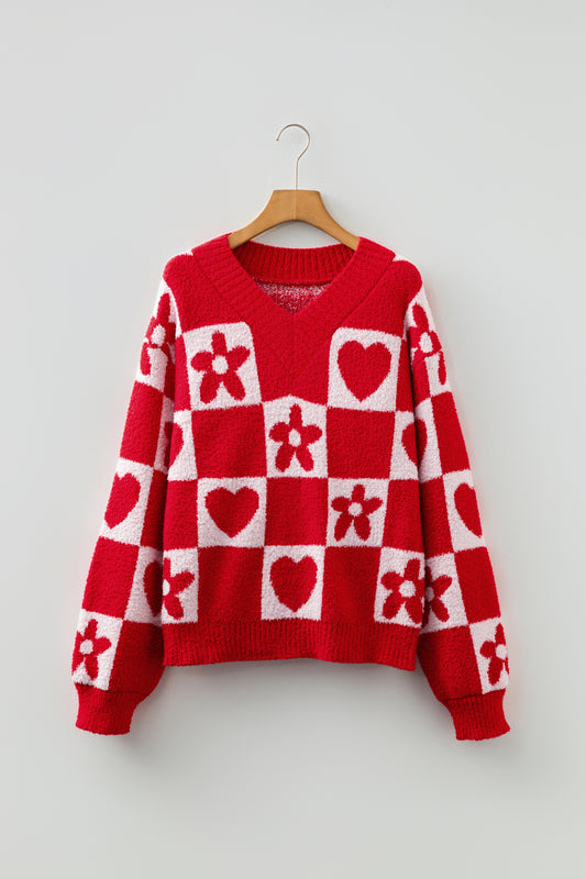 Red Checkered Heart Flower V Neck Knit Sweater for Women